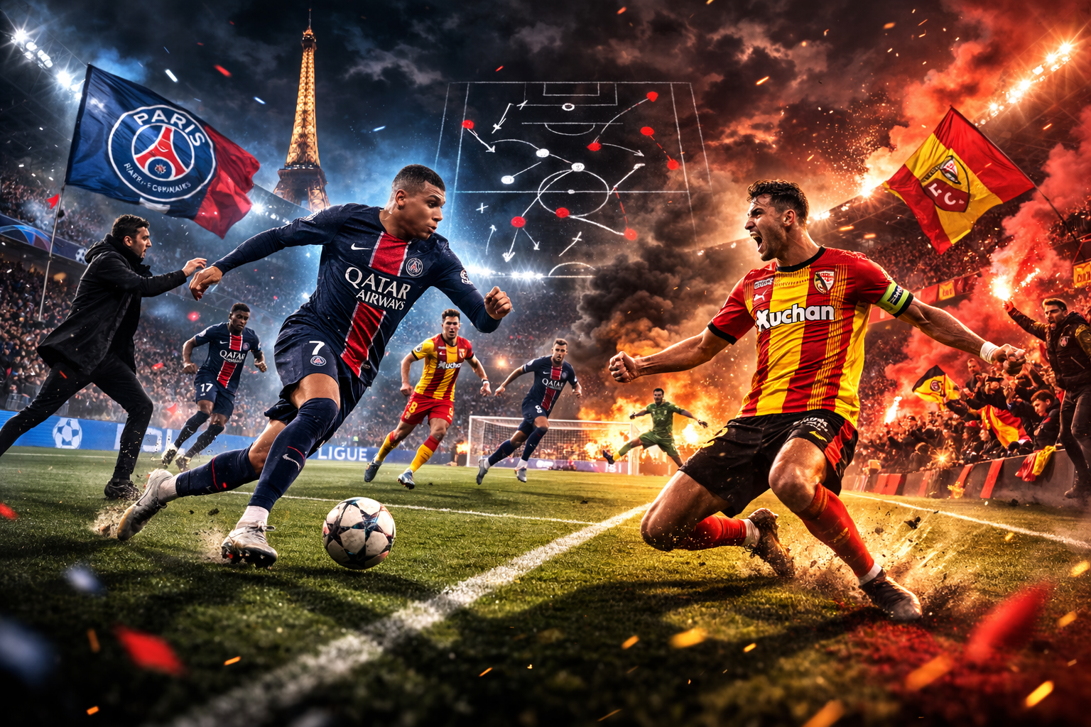 match PSG Lens joueurs disputant le ballon lors d’un choc de Ligue 1 dans un stade plein